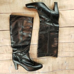 Taha Black Leather Knee High Heeled Boots